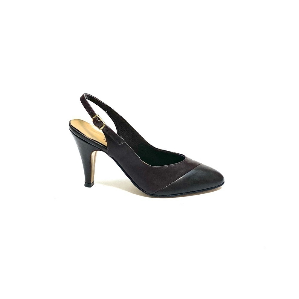 Vintage 1970s brown vegan leather slingback heels